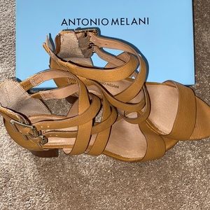 “Antonio Melani” Tan Crisscross Leather Sandals